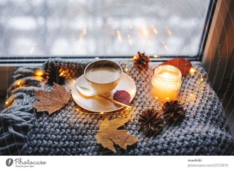 cozy winter or autumn morning at home Breakfast Coffee Lifestyle Relaxation Winter Table Kitchen Newspaper Magazine Autumn Weather Warmth Candle Metal Hot