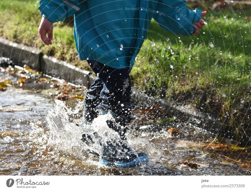 pond time Joy Trip Child Toddler Infancy 1 Human being 1 - 3 years Drops of water Autumn Leaf Rubber boots Movement Running Free Wet Joie de vivre (Vitality)