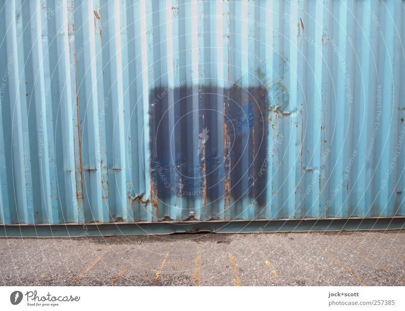 Container, Port of Hamburg as square Metal Stripe Sharp-edged Firm Blue Stagnating Rust Claw mark Square Colour defect Varnish Ravages of time Subdued colour