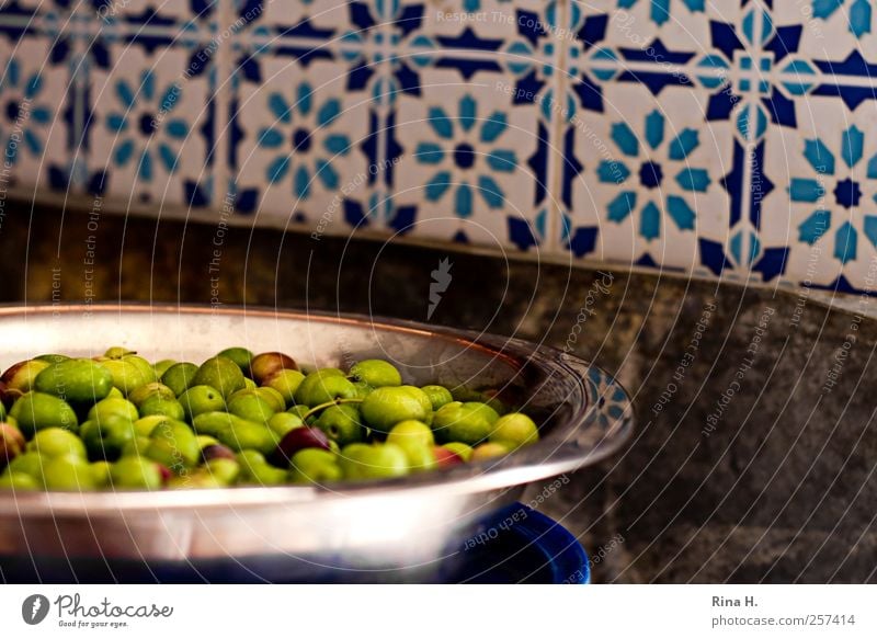 Green olives Food Olive Vegetarian diet Mediterranean Crockery Bowl Authentic Bright Colour photo Interior shot Deserted Reflection Shallow depth of field