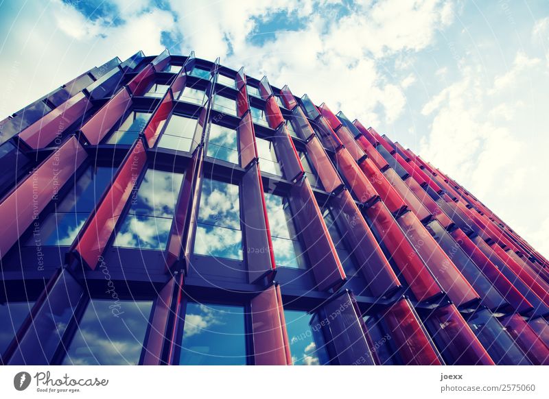 Perspective view of a modern office building with glass facade and red sun protection elements Corporate building Architecture Business mirrored Sky Glass