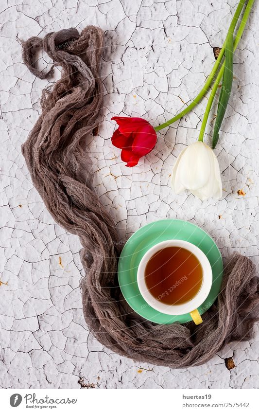 Cup of tea with Floral background Beverage Tea Elegant Style Valentine's Day Nature Plant Flower Tulip Leaf Bouquet Delicious Natural Above Green Love Colour