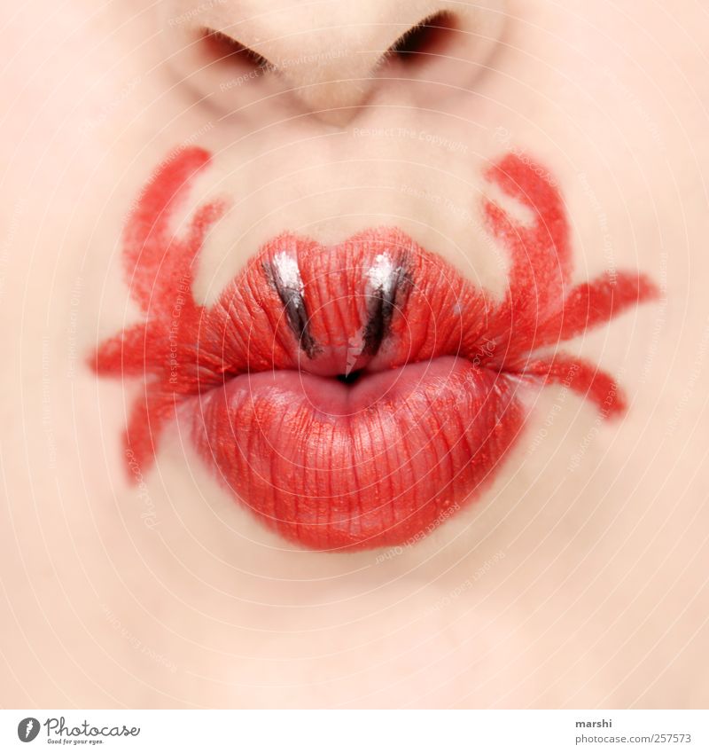 dangerous kisses Human being Feminine Woman Adults Skin Face Mouth Lips Red Pout Painted Shellfish Scissors Dangerous Kissing Nose Fair-skinned