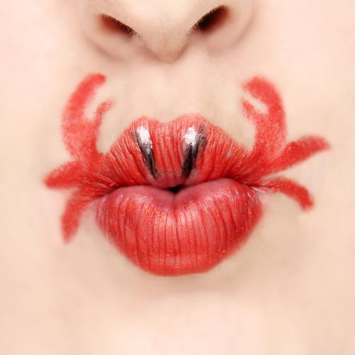 dangerous kisses Human being Feminine Woman Adults Skin Face Mouth Lips Red Pout Painted Shellfish Scissors Dangerous Kissing Nose Fair-skinned