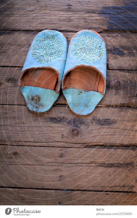 I'm on my way out. Leather Footwear Slippers Blue Brown Calm Comfortable Chalet vacation Wood Board Wooden floor Loneliness Morocco Uninhabited Colour photo