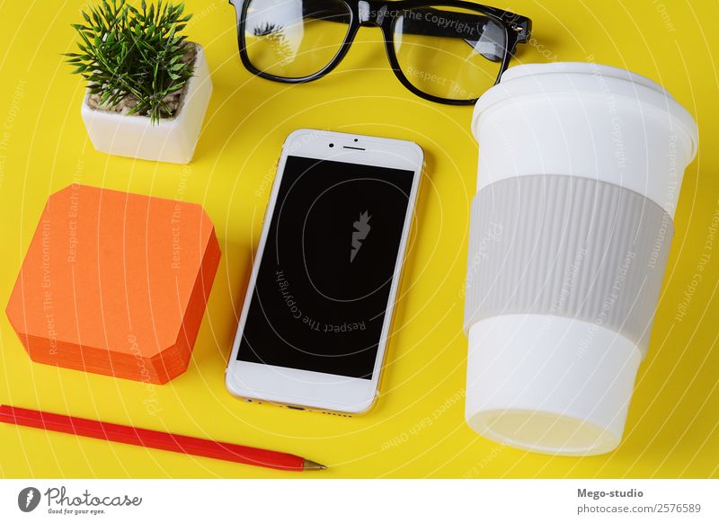 note paper with plastic cup of coffee, pen, phone and glasses. Coffee Desk Table School Work and employment Workplace Office Business Telephone Cellphone PDA