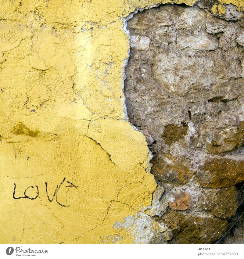 love Wall (barrier) Wall (building) Facade Characters Old Broken Yellow Love Infatuation Colour Life Brick wall Clue Colour photo Exterior shot Close-up