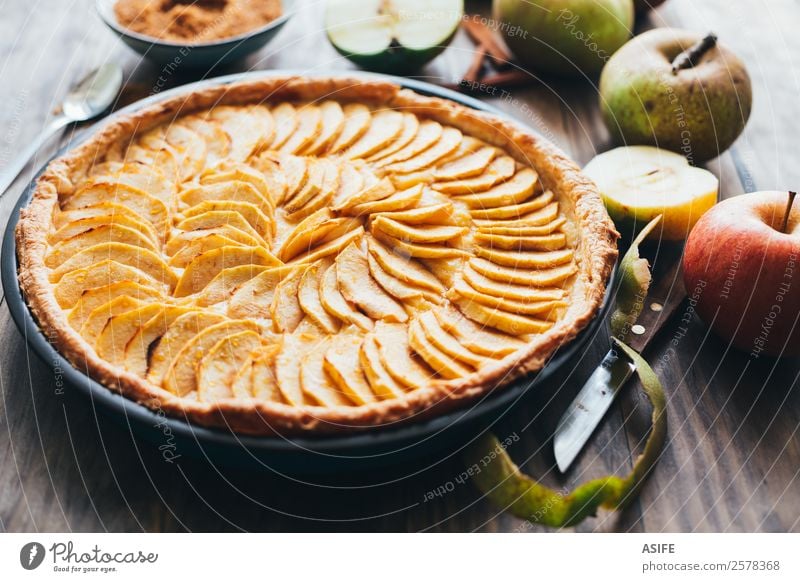 Apple tart on rustic background Fruit Dessert Breakfast Winter Table Autumn Warmth Wood Fresh Delicious Tradition Pie cake Baked goods sweet puff pastry custard
