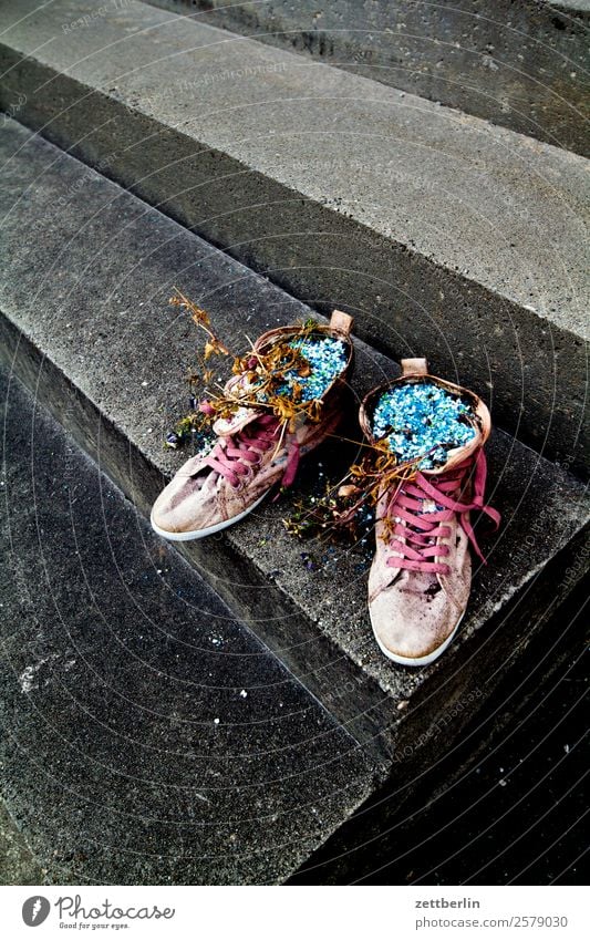 Shoes filled with... something Footwear Clothing Fashion In pairs Stairs Level Stand Wait Decoration Art Street art Puzzle Flower Vase Flower vase Shriveled
