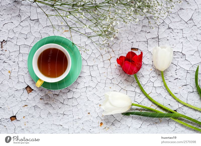 Cup of tea with Floral background Beverage Hot drink Tea Style Design Valentine's Day Nature Plant Flower Tulip Leaf Bouquet Delicious Natural Above Red Colour