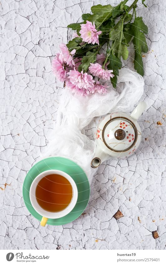 Cup of tea with Floral background Beverage Hot drink Tea Elegant Style Valentine's Day Art Nature Plant Flower Tulip Leaf Bouquet Natural Above Green Colour cup
