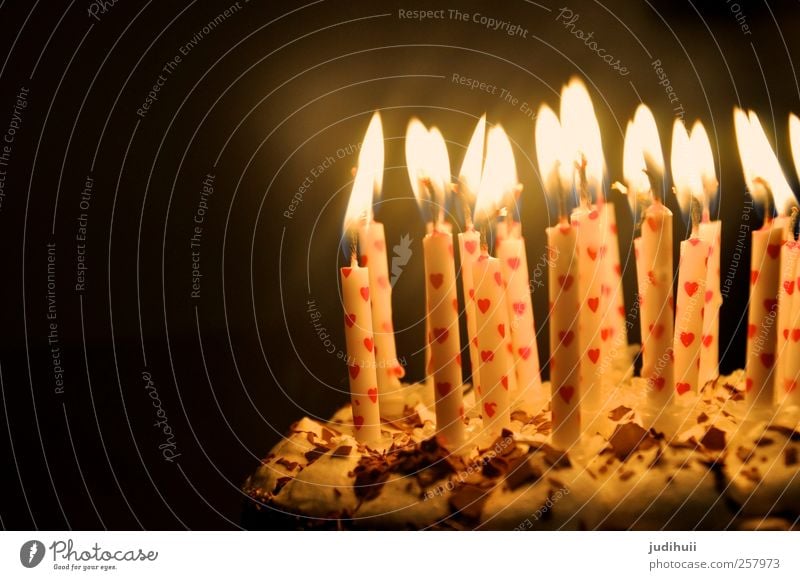Birthday cake II Cake Dessert Gateau Feasts & Celebrations Candle Heart Flame Happiness Bright Red Black White Sweet Sincere Lighting Dark Colour photo Detail