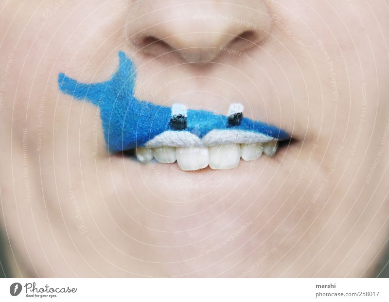 shark alarm Human being Skin Head Face Mouth Lips Teeth Animal Fish Shark 1 Creepy Blue Threat Apply make-up Make-up Carnival Painted Funny Trenchant Whale