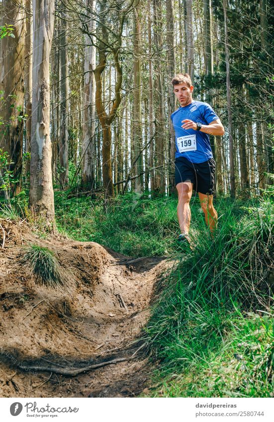 Man participating in trail race Lifestyle Sports Human being Adults Nature Tree Grass Forest Lanes & trails Fitness Authentic Speed Energy Competition running