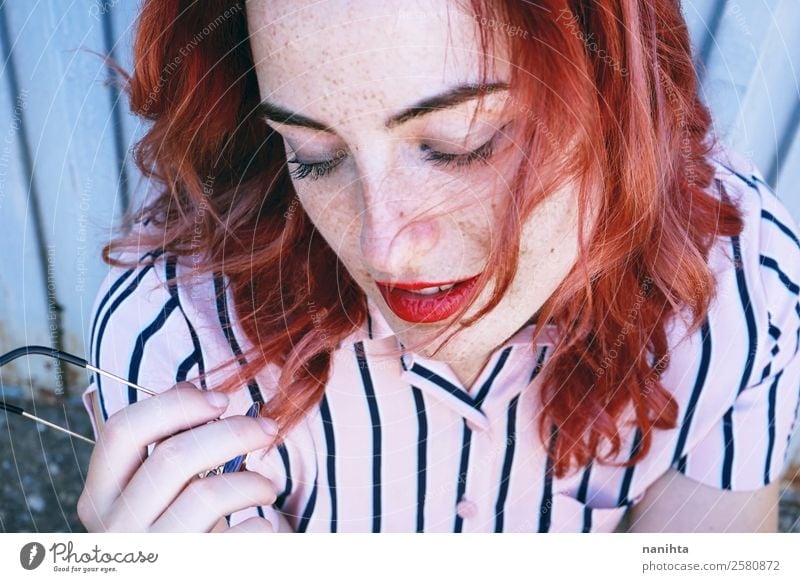 Close up of a beautiful redhead woman Lifestyle Elegant Style Beautiful Hair and hairstyles Skin Face Freckles Harmonious Senses Relaxation Human being Feminine