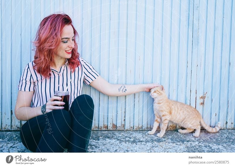 Young woman with her cat Drinking Lifestyle Style Joy Beautiful Wellness Harmonious Human being Feminine Youth (Young adults) Woman Adults Friendship 1