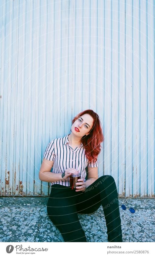 Young redhead woman with a drink Beverage Drinking Cold drink Tea Lifestyle Elegant Style Beautiful Hair and hairstyles Healthy Wellness Relaxation Human being