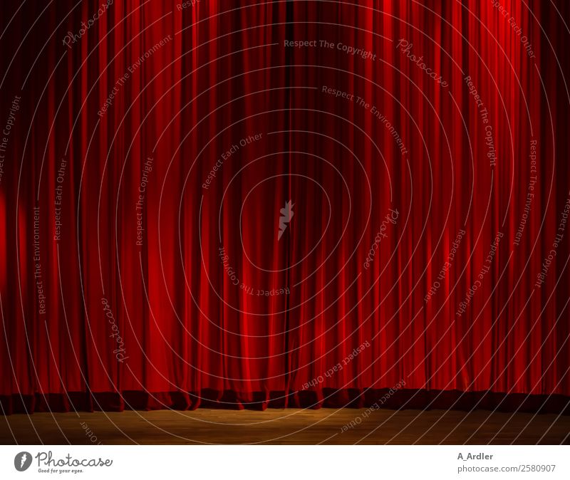 Curtain Up Stage play Event Red Floodlight Drape Folds Colour photo Interior shot Deserted Copy Space left Copy Space right Copy Space top Copy Space middle