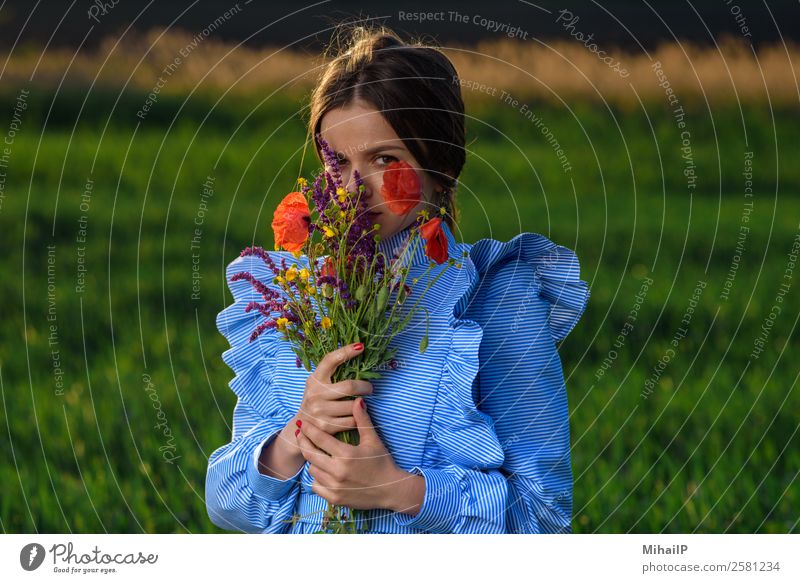 Staring through bouquet. Human being Young woman Youth (Young adults) Woman Adults Nature Plant Flower Fashion Dress Bouquet Stripe Stand Blue Green Red girl
