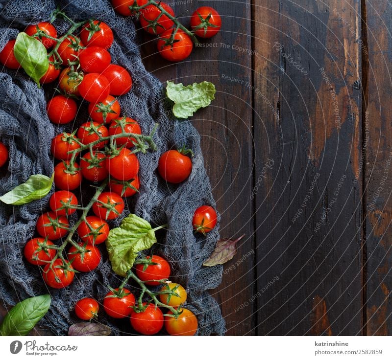 Cherry tomatoes and basil Vegetable Vegetarian diet Diet Table Leaf Fresh Bright Natural Brown Green Red cooking food health healthy Ingredients Raw Rustic