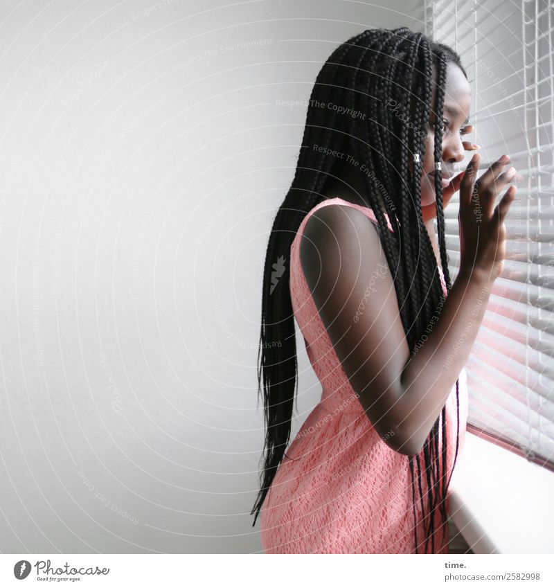 gloria Room Venetian blinds Feminine Girl 1 Human being Window Dress Jewellery Black-haired Long-haired Afro Observe To hold on Looking pretty Emotions Safety