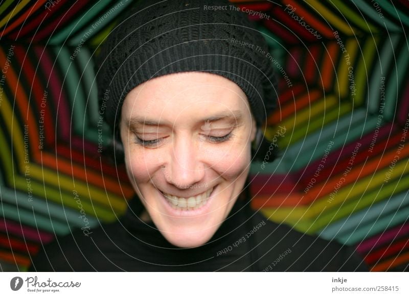 laughing woman's face under colorful umbrella Style Joy already Life Harmonious Trip Woman Adults Face 1 Human being cap Umbrella Line Stripe Net smile Laughter