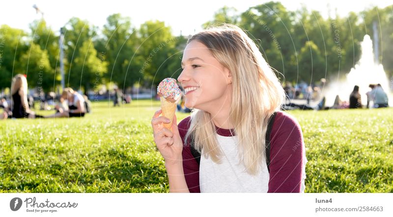Woman with ice Ice cream Lifestyle Joy Happy Beautiful Contentment Relaxation Leisure and hobbies Tourism Summer Young woman Youth (Young adults) Adults Park