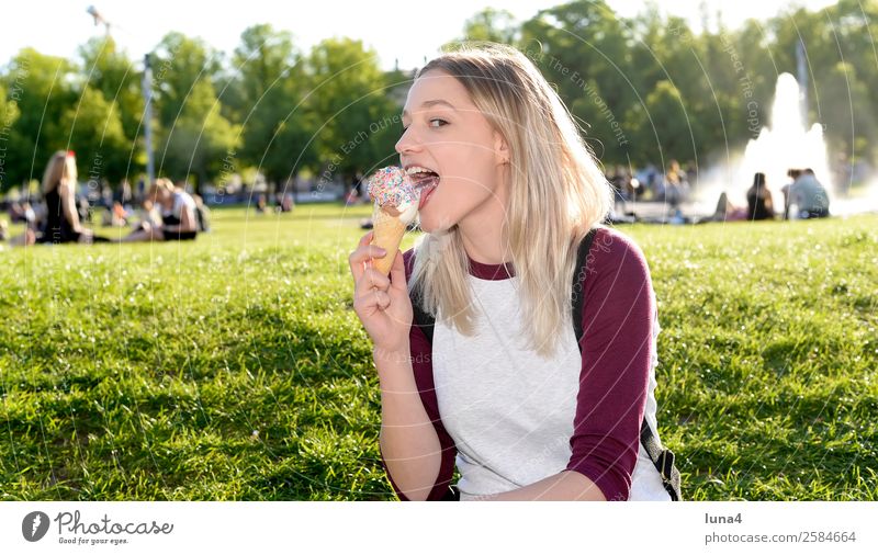 Woman with ice Ice cream Lifestyle Joy Happy Beautiful Contentment Relaxation Leisure and hobbies Tourism Summer Young woman Youth (Young adults) Adults Park