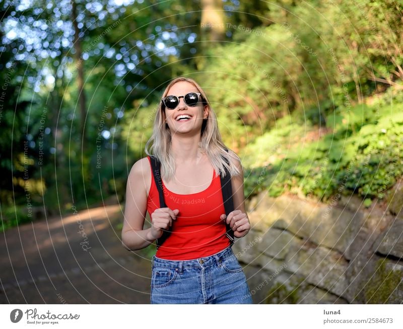 Young woman in the park Lifestyle Joy Happy Beautiful Contentment Relaxation Leisure and hobbies Tourism Summer Hiking University & College student