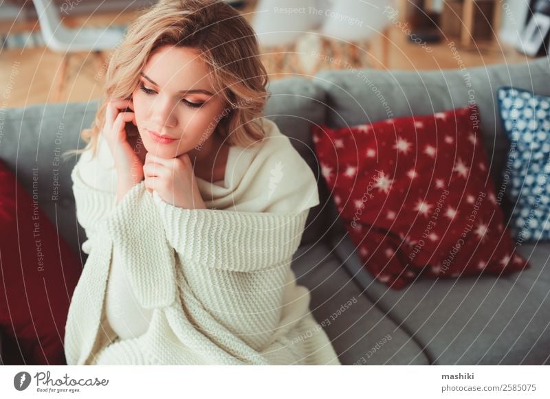 indoor portrait of young selfish beautiful woman Lifestyle Illness Harmonious Relaxation Winter Woman Adults Dream Hot Modern Natural Strong Loneliness