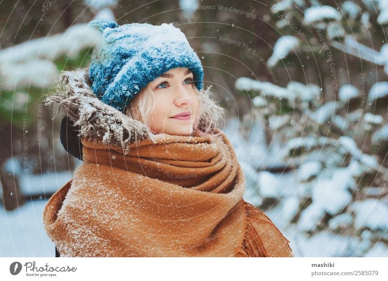 winter portrait of happy young woman Joy Vacation & Travel Adventure Freedom Winter Snow Woman Adults Nature Snowfall Warmth Tree Park Forest Fashion Clothing