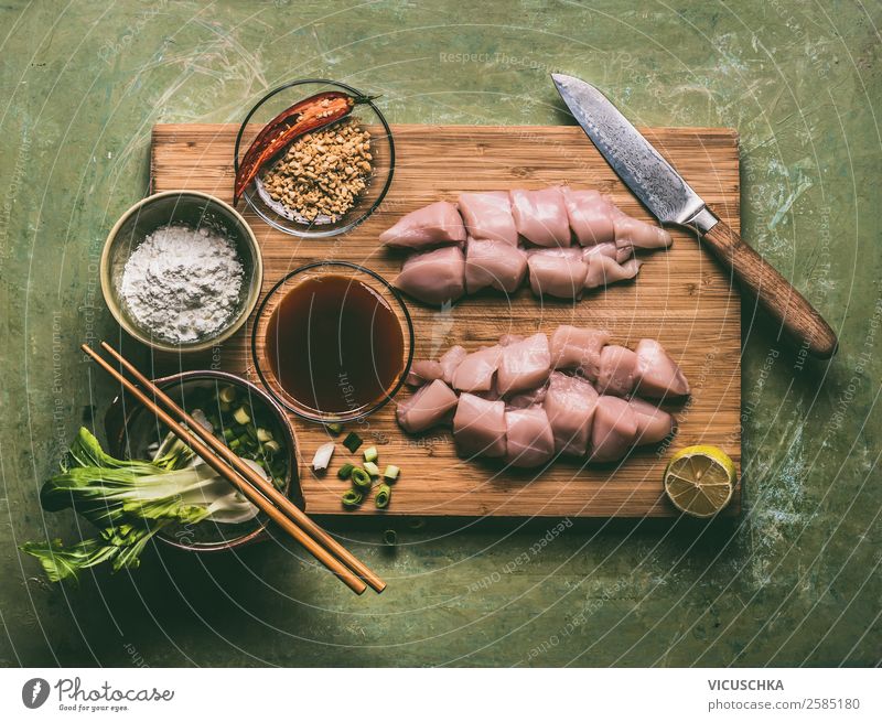 Chicken breast on cutting board with teriyaki sauce Food Meat Herbs and spices Cooking oil Nutrition Lunch Dinner Organic produce Diet Crockery Style Design