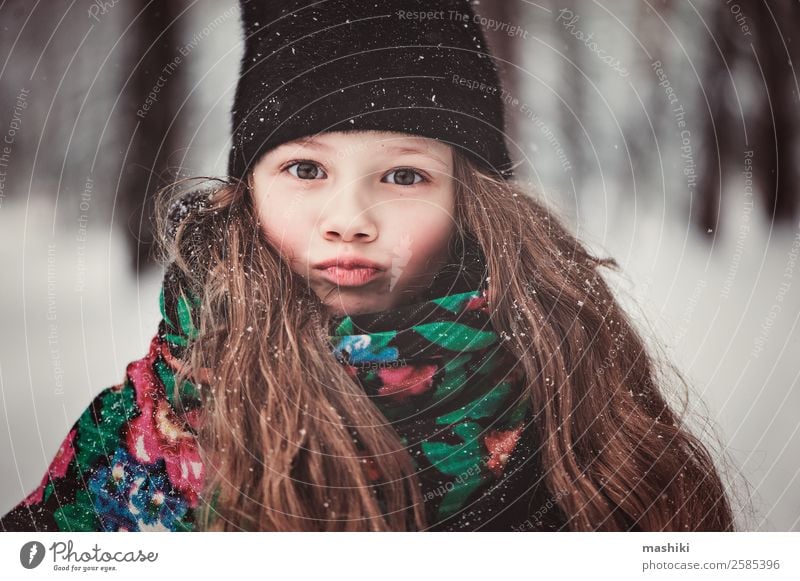 winter portrait of funny kid girl walking Beautiful Vacation & Travel Child Human being Girl Infancy Nature Winter Weather Bad weather Snow Snowfall Fashion