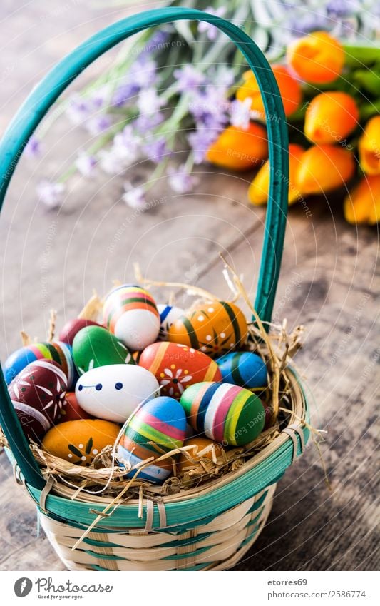 Easter eggs in a basket and tulips Egg Colour Vacation & Travel Feasts & Celebrations Public Holiday Background picture Guest Decoration Festive Spring