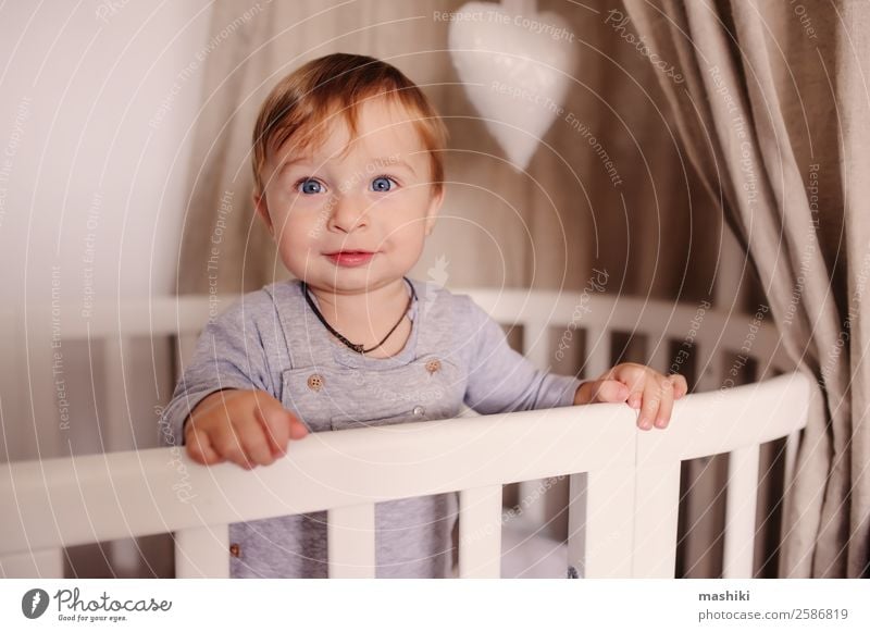 cute happy baby boy awake in his bed in the morning Lifestyle Happy Playing Bedroom Child Baby Boy (child) Infancy Toys Smiling Laughter Sleep Small Modern Cute