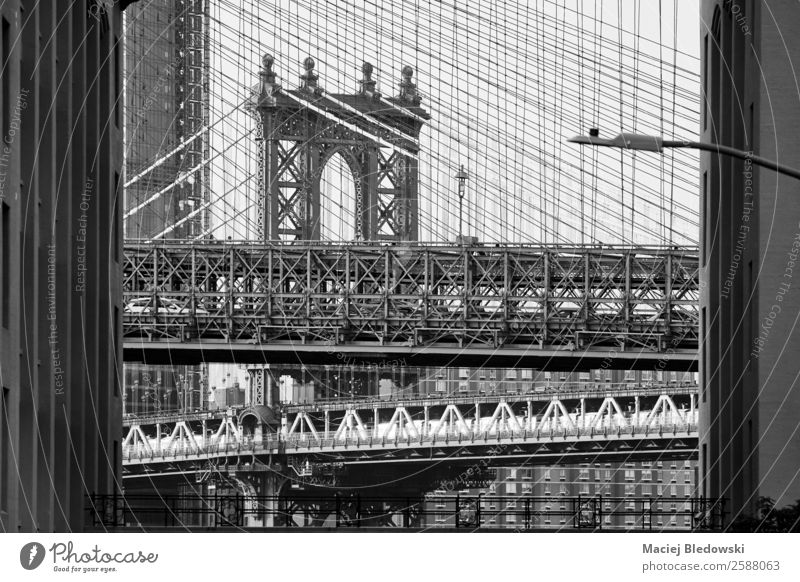 Brooklyn and Manhattan Bridge. Sightseeing City trip Architecture Tourist Attraction Landmark Old Black White New York Symbols and metaphors NYC USA