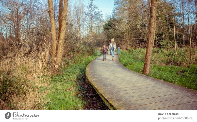 Happy family walking together over a wooden pathway Lifestyle Joy Leisure and hobbies Winter Child Boy (child) Woman Adults Man Parents Mother Father Sister