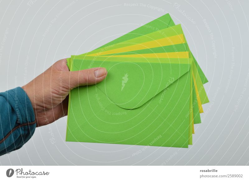Mail for you Invitation Hand Stationery Paper Collection Letter (Mail) Envelope (Mail) Postman Salutation Vacation good wishes Multicoloured Yellow Green Give