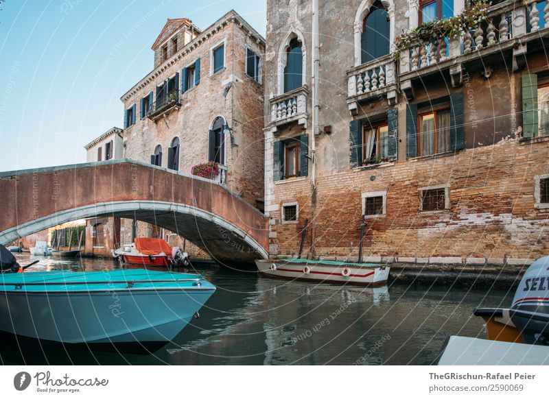 Venice Town Brown Turquoise White Channel Italy Watercraft Bridge Balcony Window House (Residential Structure) Idyll To go for a walk Walking Work of art