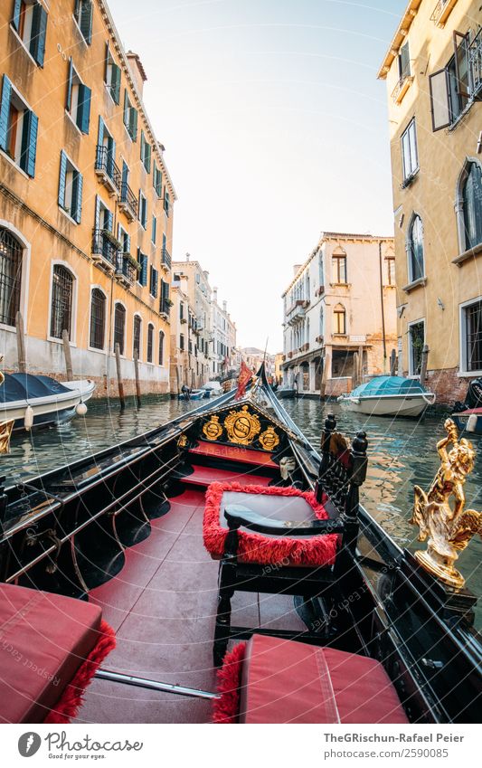 Gondola ride Small Town Port City Blue Brown Yellow Gold Red Gondola (Boat) Italy Venice Ornament Seat Sit Channel Alley Travel photography Discover
