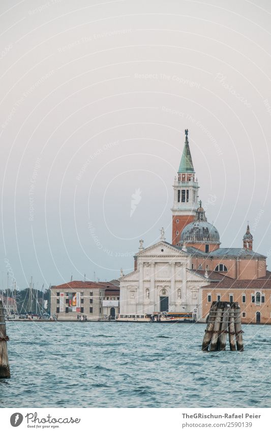 church Small Town Port City Blue Brown Turquoise Water Church Dome Venice Italy Church spire Colour photo Deserted Copy Space bottom Evening Twilight Wide angle