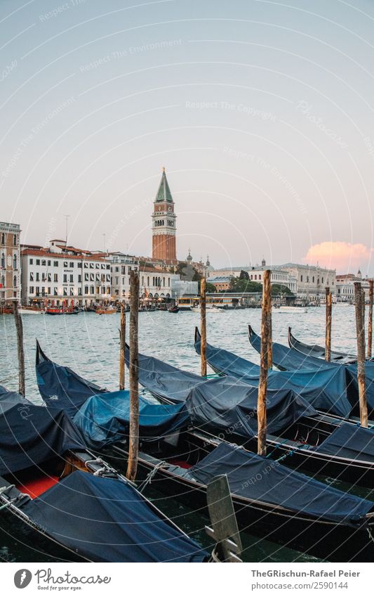 Venice Small Town Port City Blue Orange Church Gondola (Boat) Wooden stake Moody Clouds Twilight Dusk House (Residential Structure) Italy Exterior shot Deserted