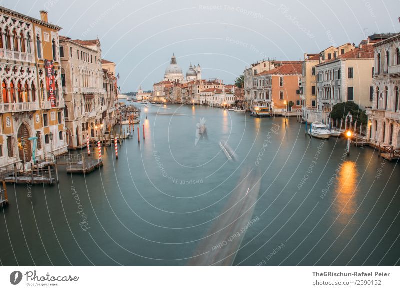 Venice Small Town Port City Blue Yellow Orange Water Watercraft Long exposure Light Reflection Italy Dome Colour photo Deserted Copy Space top Copy Space bottom
