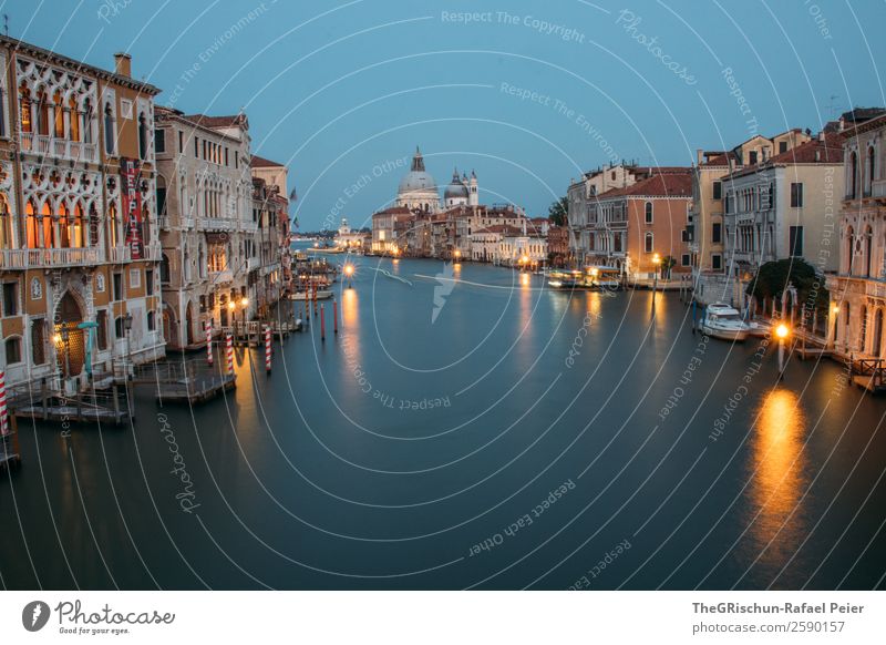 Venice Small Town Port City Blue Yellow Gold Water Light Italy Canal Grande Dome Reflection Exterior shot Deserted Copy Space top Copy Space bottom Twilight