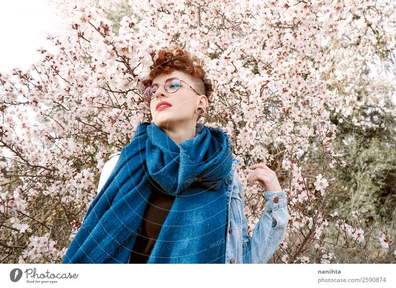 Young redhead woman surrounded by flowers Lifestyle Style Joy Happy Beautiful Hair and hairstyles Freedom Human being Feminine Young woman Youth (Young adults)