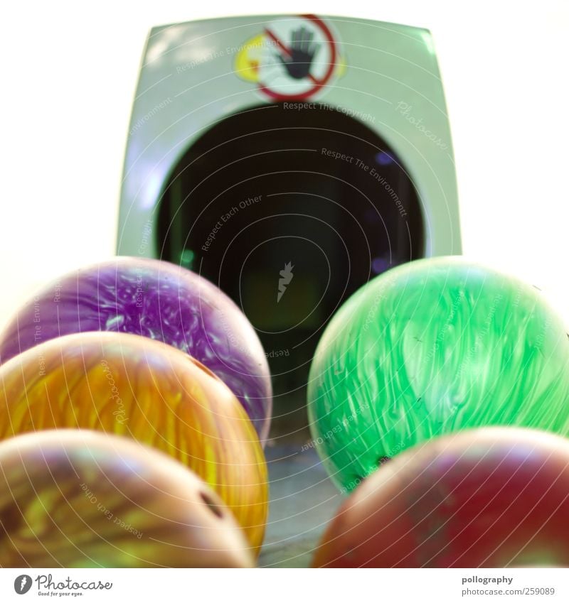 please DON'T TOUCH Ball sports Sporting Complex Yellow Gold Green Violet Red Bowling Bowling alley Bowling ball Round Sphere Bans Prohibition sign Hand Hollow