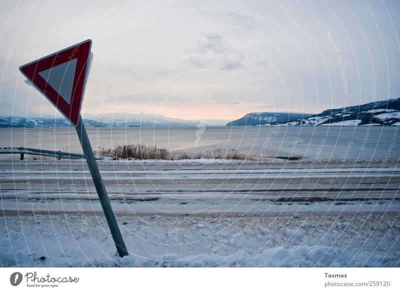Sign with view Environment Nature Landscape Water Winter Beautiful weather Ice Frost Snow Coast Lakeside Bay Fjord Transport Traffic infrastructure Road traffic