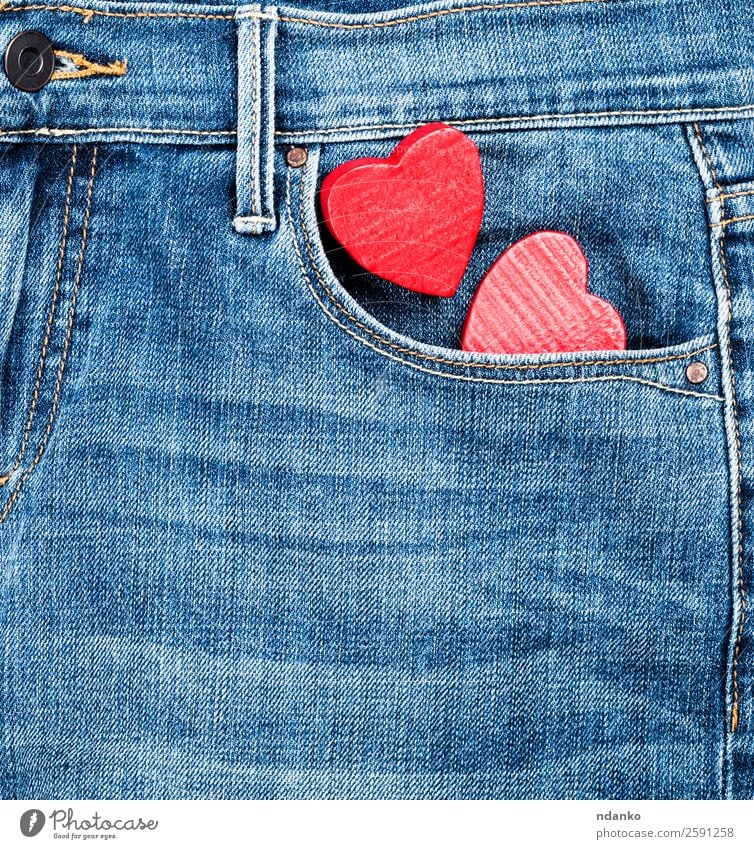 jeans and two red wooden hearts Style Valentine's Day Fashion Clothing Pants Jeans Wood Heart Love Blue Red Colour Tradition background Canvas casual Cotton