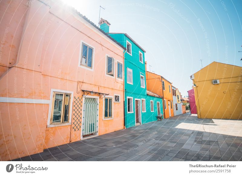 Burano Village Small Town Multicoloured Orange Pink Turquoise Italy Paving stone Yellow Back-light Colour photo Deserted Copy Space top Copy Space bottom Day