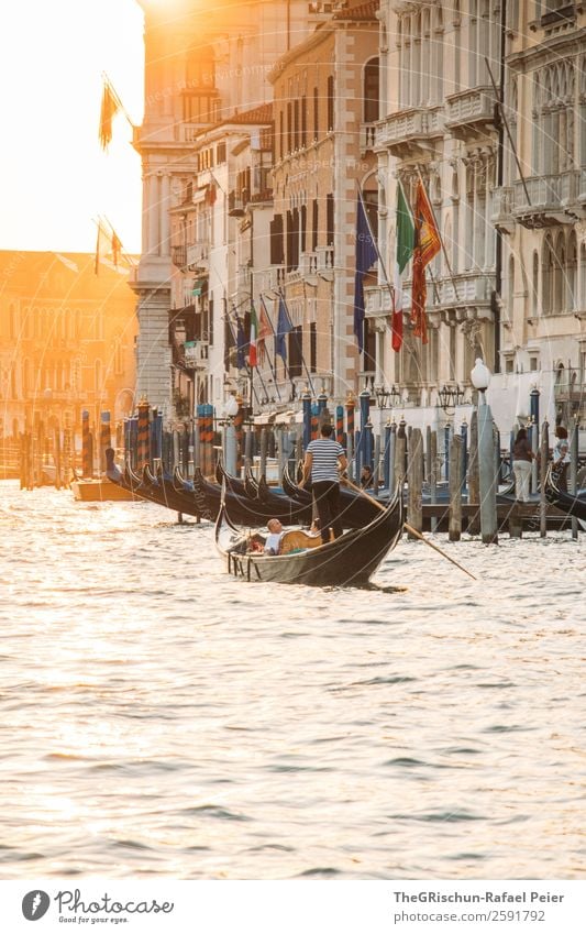 Sunset Small Town Port City Yellow Orange Silver White Gondolier Venice House (Residential Structure) Man Tourism Back-light Water Italy Moody Colour photo